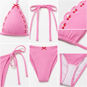 Conjunto de Bikini Rosa con Tirantes, Traje de Baño de Dos Piezas con Tanga y Cordones Ajustables para Mujer - Product Image 4