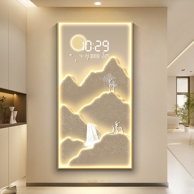 Luxury LED Lighting Crystal Porcelain Painting with Digital LCD Display Clock Wall Decor for LivingRoom Household Painting