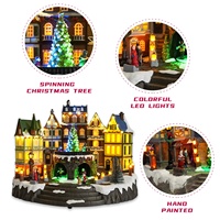 Station de train animée en résine avec lumières LED, village de Noël musical, décoration de table saisonnière, cadeau emballé dans une boîte