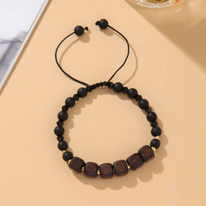 Men's Wooden <b>Bead</b> <b>Bracelet</b> Square Black Round Glass Handmade Jewelry Yiwu Spring 2024 - Product Image 3
