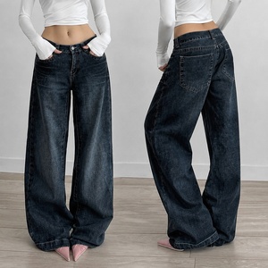 Jean droit délavé bleu pour femme, taille basse, coupe ample, style streetwear hip-hop, avec poches, pantalon décontracté en denim - Product Image 1