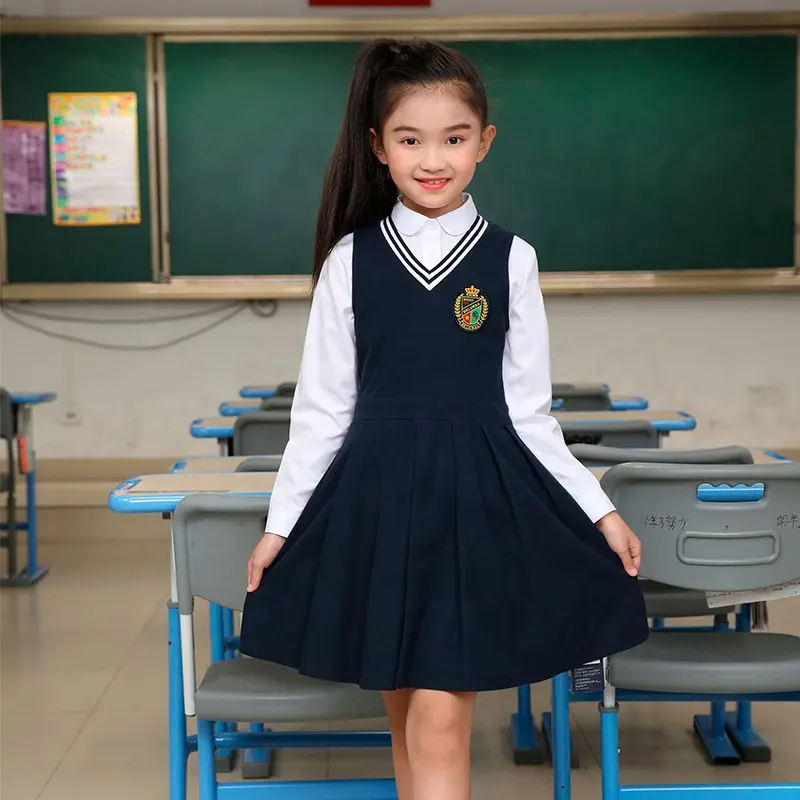 OEM ODM Primary Children High Kids Kindergarten School Uniforms Navy Blue Pleated Skirts Girls Pinafore Uniforms