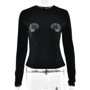 Women's Long Sleeve T-Shirt With <b>Rhinestone</b> Shell Embellishment Slim Fit Round Neck Solid Color <b>Top</b> For Streetwear Fashion - Product Image 5