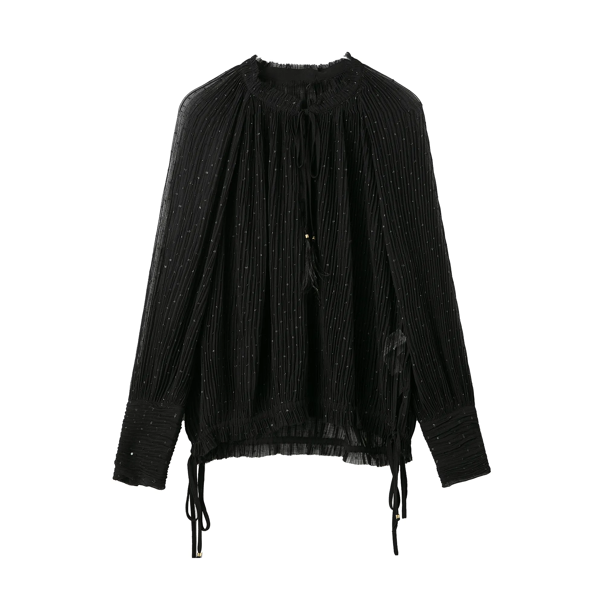 Black color crew neck long sleeve bottom lace up casual fashion blouse tops for women