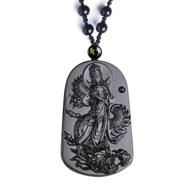 Exquisite Natural Obsidian King Dragon Guanyin Charm Pendant Retro Chinese Style Ornament for Men and Women for Gift