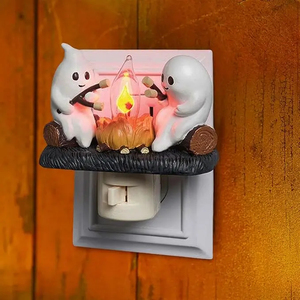 Ghost Campfire Night <b>Light</b> <b>Plug</b>-in Wall Flickering Flame Nightlight Halloween 3D Cute Spooky Marshmallow Ghost Decoration - Product Image 1