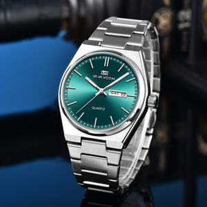 Montre pour homme à cadran noir minimaliste, bracelet en acier intégré, montre décontractée et professionnelle avec affichage du jour et de la date - Product Image 6