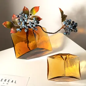 Décoration de salon moderne vase en verre hydroponique carré concave créatif vase en verre géométrique coloré