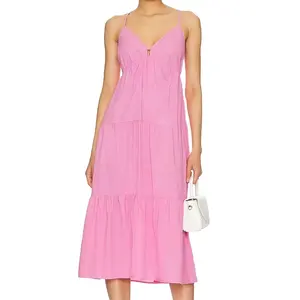 新款时尚热卖女式粉色休闲系带深v领女式长马克西连衣裙