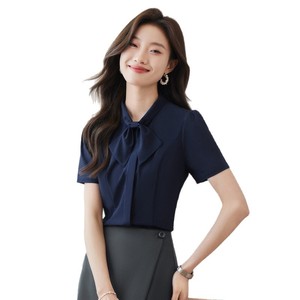 White Short Sleeve Shirt For Women Summer Bow Top Work Blouse Solid Color Polyester Fiber - Product Image 5