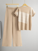 Ensemble décontracté deux pièces pour femme : haut tricoté à manches courtes rayé color block et pantalon large taille haute amincissant pour l'été