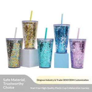 16Oz 480Ml Best-Selling Double-Layer Plastic Cup Modern Minimalism <b>Glitter</b> Milk/Juice/Water Tumbler Mug Cup With Straw and Lid - Product Image 3