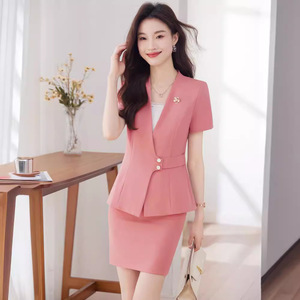 Women's Professional Summer Short Sleeve Suit Skirt Set Elegant Breathable Polyester Workwear For Hotel Receptionists Jewelry - Product Image 1