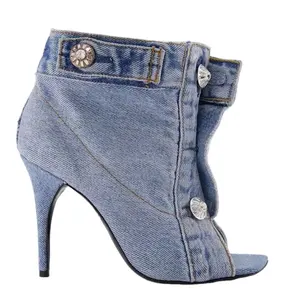 Stivali corti con tacco alto quadrati estivi con punta aperta in Denim alla caviglia sandali con spillo con fibbie anteriori scarpe Jeans