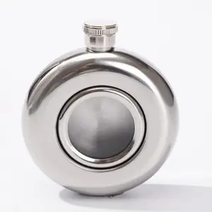 5oz Classic Round 18/8 Stainless Steel Hip Flask With Transparent Glass Window,Mirror Finished