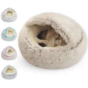 Designer de luxo personalizado Round Fluffy Plush Calming Dog Cave Bed lavável Eco Friendly Donut Dog Camas para cães pequenos e gatos