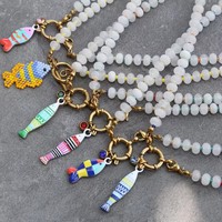 Kalung Batu Alam Baru dengan Liontin Ikan, Kancing Pelaut, Cincin O Baja Anti Karat, Liontin Lepas Pasang DIY untuk Wanita
