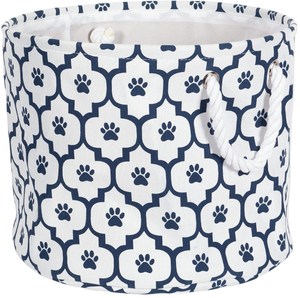 Panier de rangement pliable pour animaux de compagnie, écologique, avec motif de patte en treillis, grand, rond, blanc/bleu marine - Product Image 1