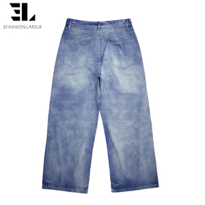 LARSUR Custom Factory Distressed Acid Wash Sun Faded Twill <strong>Moleskin</strong> Chore French Blue Work Pants Straight French Work <strong>Trousers</strong> - Product Image 2