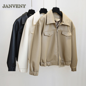 JANVENY-abrigo de cuero suave suelto para <span class=keywords><strong>mujer</strong></span>, <span class=keywords><strong>chaqueta</strong></span> de béisbol de cuero sintético con solapa de manga larga y bolsillos grandes, primavera y otoño, 2023 - Product Image 2