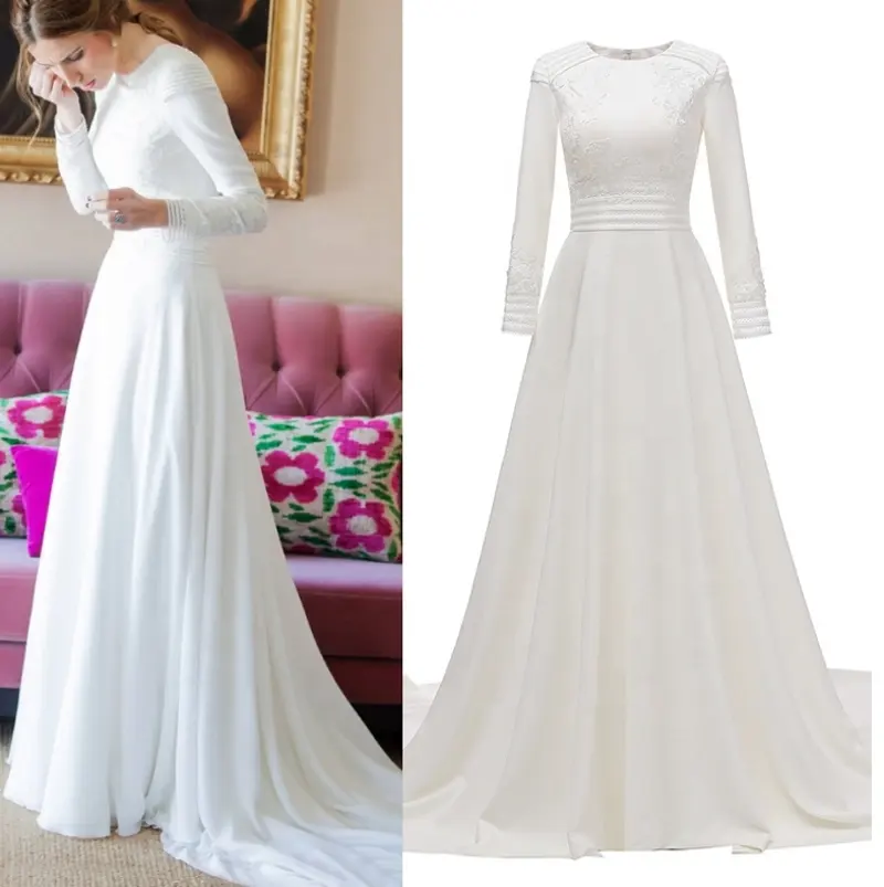 #1003 Sweep Train Vintage Church Simple Floral Pattern Muslim Satin Applique A-Line Mermaid Bridal Wedding Dress Wedding Gown