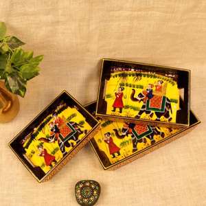 Ensemble de 3 plateaux peints à la main, style Art Déco, motif éléphant, collection Royal Rajasthan, pour mariage et Diwali - Product Image 1