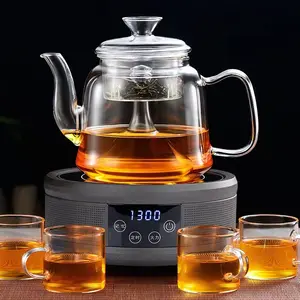 Tetera filtrante de vidrio de 1300ml, calentador de vela y tazas de té de doble pared, juego de tetera contemporáneo