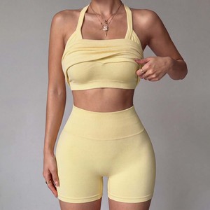 Yiyi Halter v-गर्दन सुंदर बैक हटाने योग्य पैड 2 पीस वर्कआउट सेट महिला बट लिफ्ट योग महिलाओं को उच्च गुणवत्ता - Product Image 5