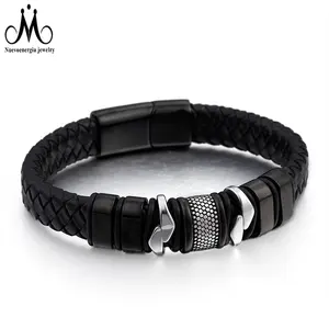 Hoge Kwaliteit Zwart Magnetische Sluiting Gevlochten Lederen Mannen Armband Rvs Sieraden