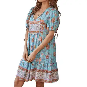 New design wholesale summer women's bohemian style printed dress casual short sleeve dress