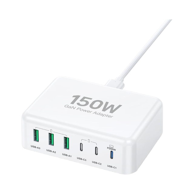 USB C Fast Charger 150W 6-Port GaN Desktop PD Charging Station 65W USB C Laptop Power Adapter Compatible Mac Book 5V/3A Output