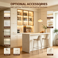 Meuble Bar à Vin Personnalisé avec Vitrine en Verre, Éclairage LED pour Verres à Pied, Éclairage Sous Meuble, Unité de Bar Crème, OEM ODM