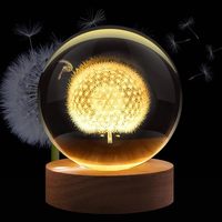 Lampe de nuit en cristal 3D en forme de pissenlit alimentée par USB pour la décoration des centres de table
