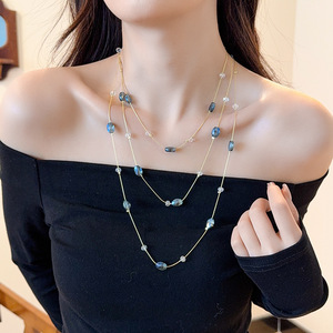 Korean Style Crystal Multi Layer <b>Necklace</b> <b>Long</b> Teardrop Shape Light Luxury Sweater Chain Autumn Winter Fashion Accessory - Product Image 1
