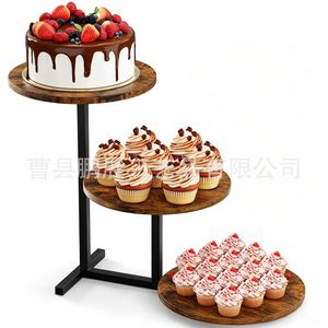 Expositor de madera y hierro de 3 niveles, redondo, color quemado, para almacenamiento de alimentos y pasteles en bodas y fiestas. - Product Image 4