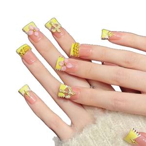 Ongles artificiels en forme de bec de canard, couvrants, faits à la main, 10 pièces, ongles à presser, fleurs 3D, jaunes, courts, pointes d'ongles artificielles - Product Image 4