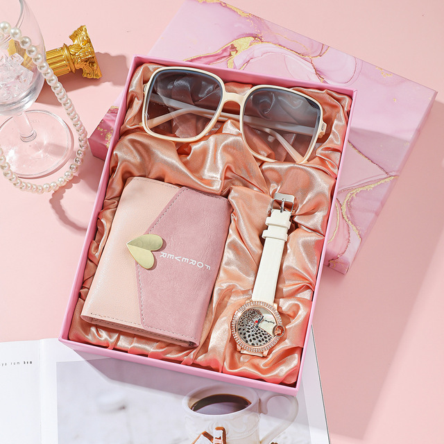 3Pcs/Set Fashion Watches Set with Box Luxury Quartz Watch Birthday Gift for Women Glasses Wallet Wristwatch Valentines Day Set