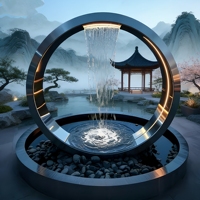 Sculpture de fontaine circulaire abstraite en acier inoxydable, moderne, de luxe, soudée sur mesure, pour extérieur commercial