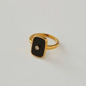 18k镀金黑色搪瓷北极星矩形印戒不锈钢粗大声明环Cz女性明星戒指