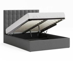 Testiera Imbottita in Peluche con Colonne Verticali di Bottoni, Rivestimento in Tessuto Grigio Antracite, Struttura <span class=keywords><strong>Letto</strong></span> con Contenitore e Sollevamento a Gas - Product Image 1