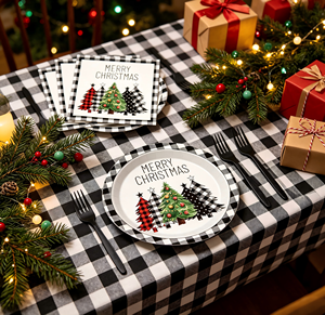 Assiettes, serviettes et fourchettes en plastique à motif de sapin de Noël en écossais DAMAI pour la décoration de table de fête de Noël, vaisselle jetable de Noël - Product Image 5