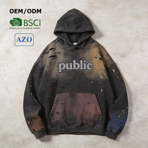 Fabricante de Ropa Personalizada, Sudadera con Capucha para Hombre, Diseño a Mano, Felpa Francesa, Algodón, Corte Cuadrado, Pedrería, Lavado Ácido, Estilo Desgastado - Product Image 1