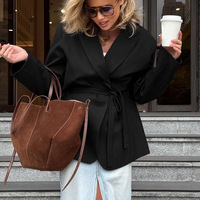 Blazer tendance automne-hiver pour femme, col en V, manches longues, veste à revers à lacets, décontractée, ample, vêtements d'extérieur, blazers de bureau pour femme