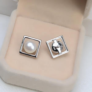 Boucles d'oreilles carrées en argent S925 avec 8-13 perles, accessoires faits main DIY JG5178, plateau de pierres principales en forme de diamant, rubis, lune - Product Image 3