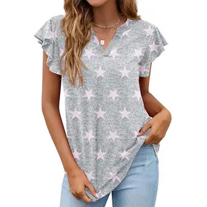 Pink Star Gray Women Summer Tunic Tops Casual V Neck Ruffle Short Sleeve Knit Shirts Blouse