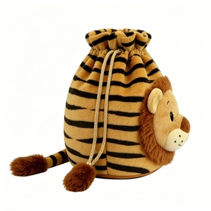 Bolsa de peluche de león a rayas amarillas y negras, Bolsa de peluche de león color canela con cordón, Saco de peluche con temática de animales de la selva - Product Image 3
