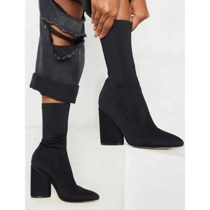 Bottes noires unies mi-mollet à enfiler pour femme, bottes d'hiver tendance à bout pointu, grande taille 43, bottines à talon épais - Product Image 3