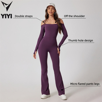 Combinaison de sport élégante pour femme à double bretelle et manches longues, épaules dénudées, pour la gym, le yoga et l'entraînement, tenue de sport une pièce
