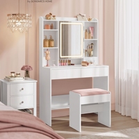 Coiffeuse de luxe en bois foncé avec miroir et tabouret, ensemble de table de maquillage moderne avec étagères ouvertes