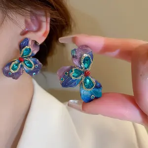 Fashion versatile trendy personalized design earrings with silver needles diamonds blue purple crystal droplets flower earrings
